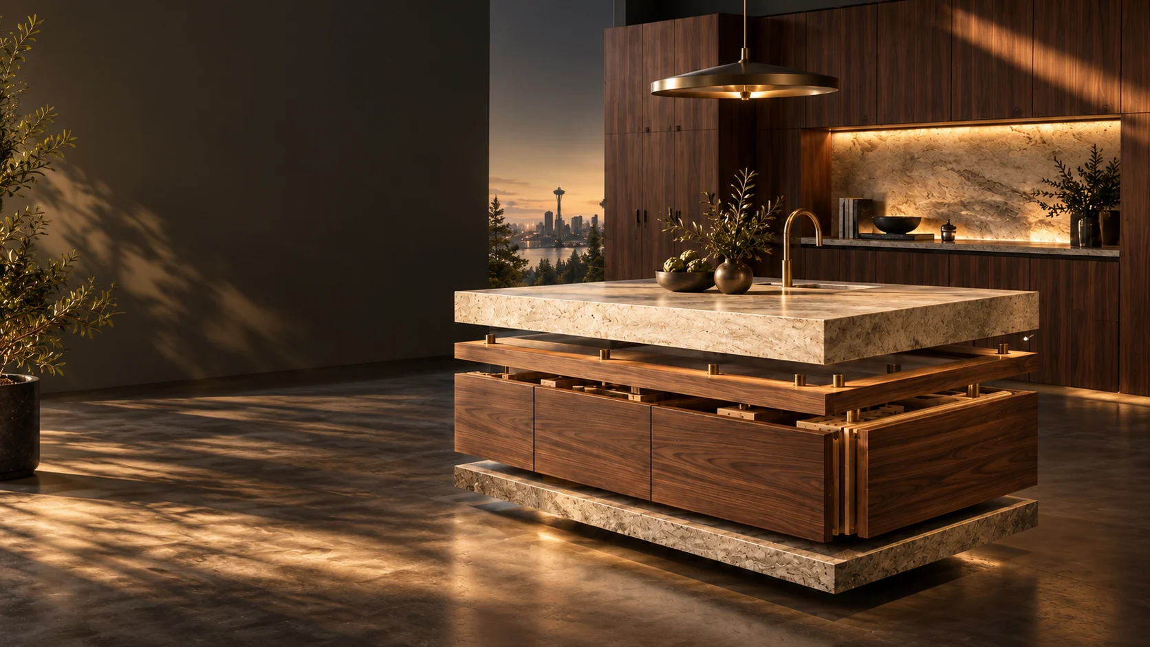 Kitchen design concept with walnut cabinetry and natural stone