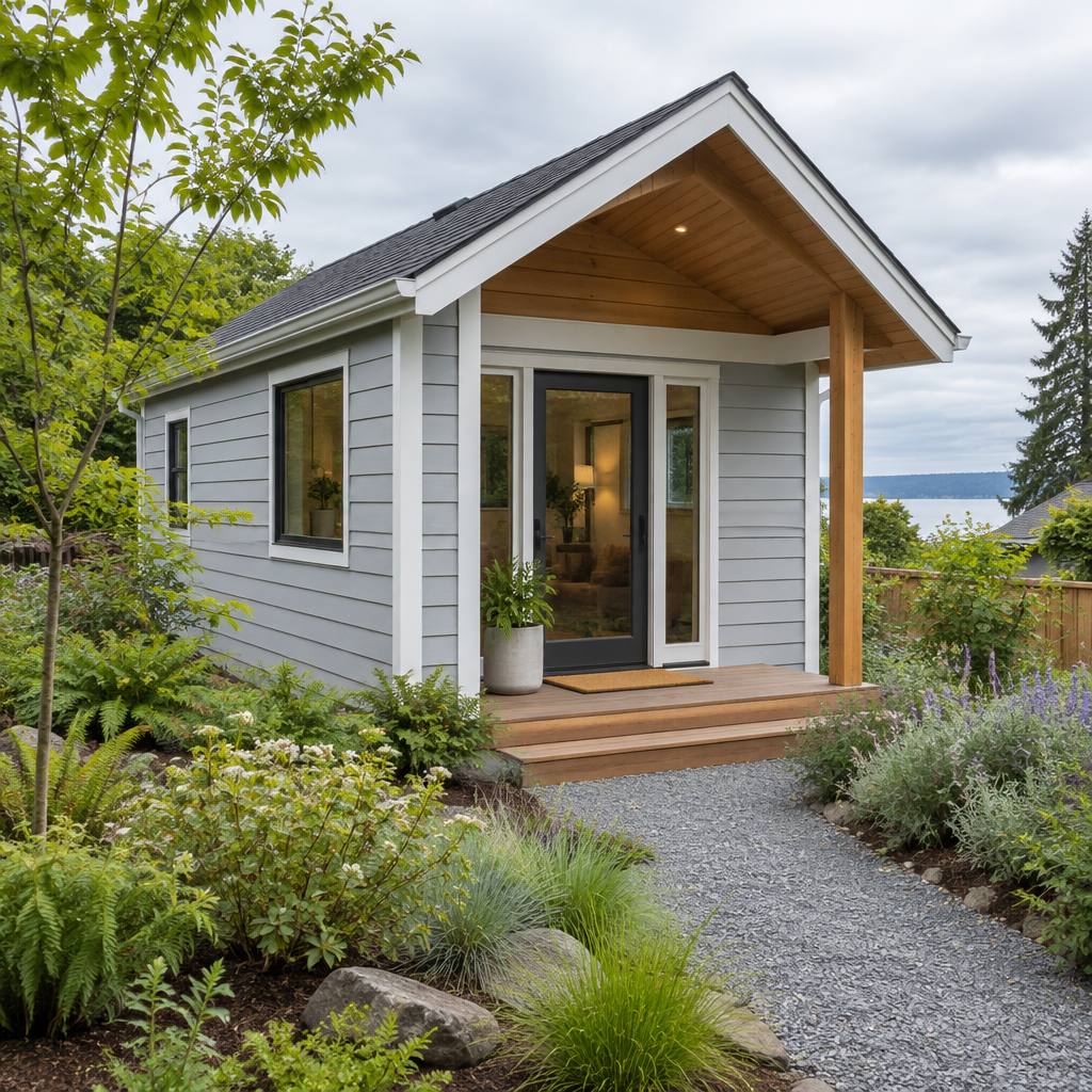 Small modern backyard cottage with grey siding