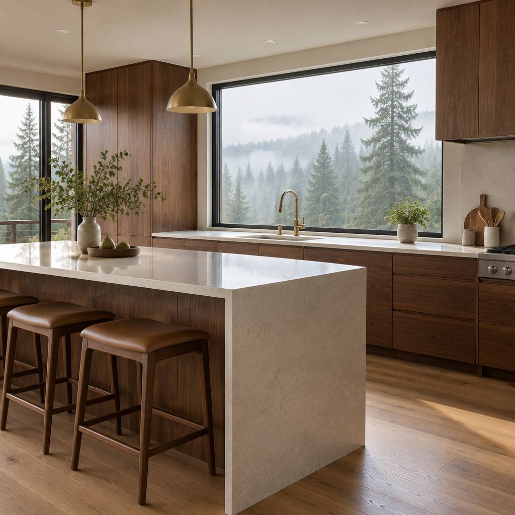 Kitchen with walnut cabinetry and a light stone island