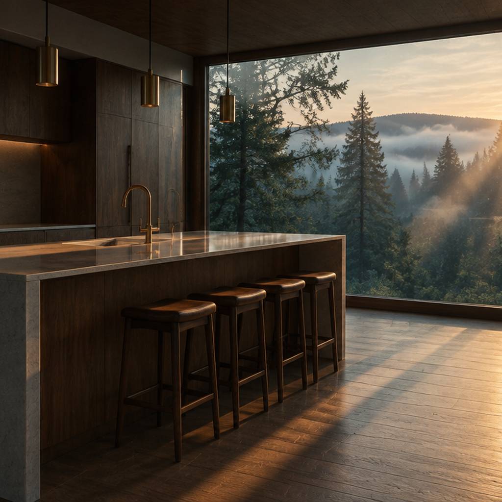 Kitchen with a walnut island and a window onto evergreens at sunrise