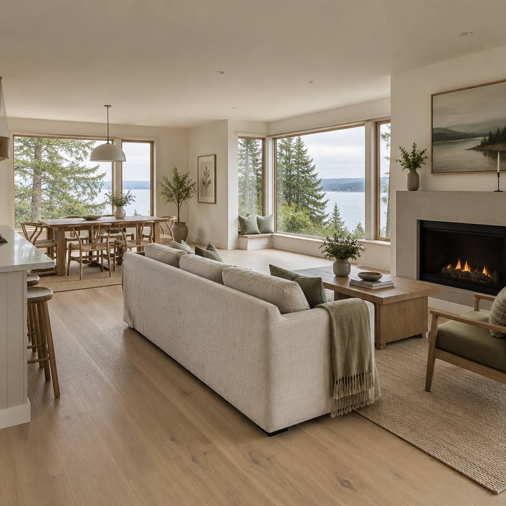 Bright open-plan living room with oak floors
